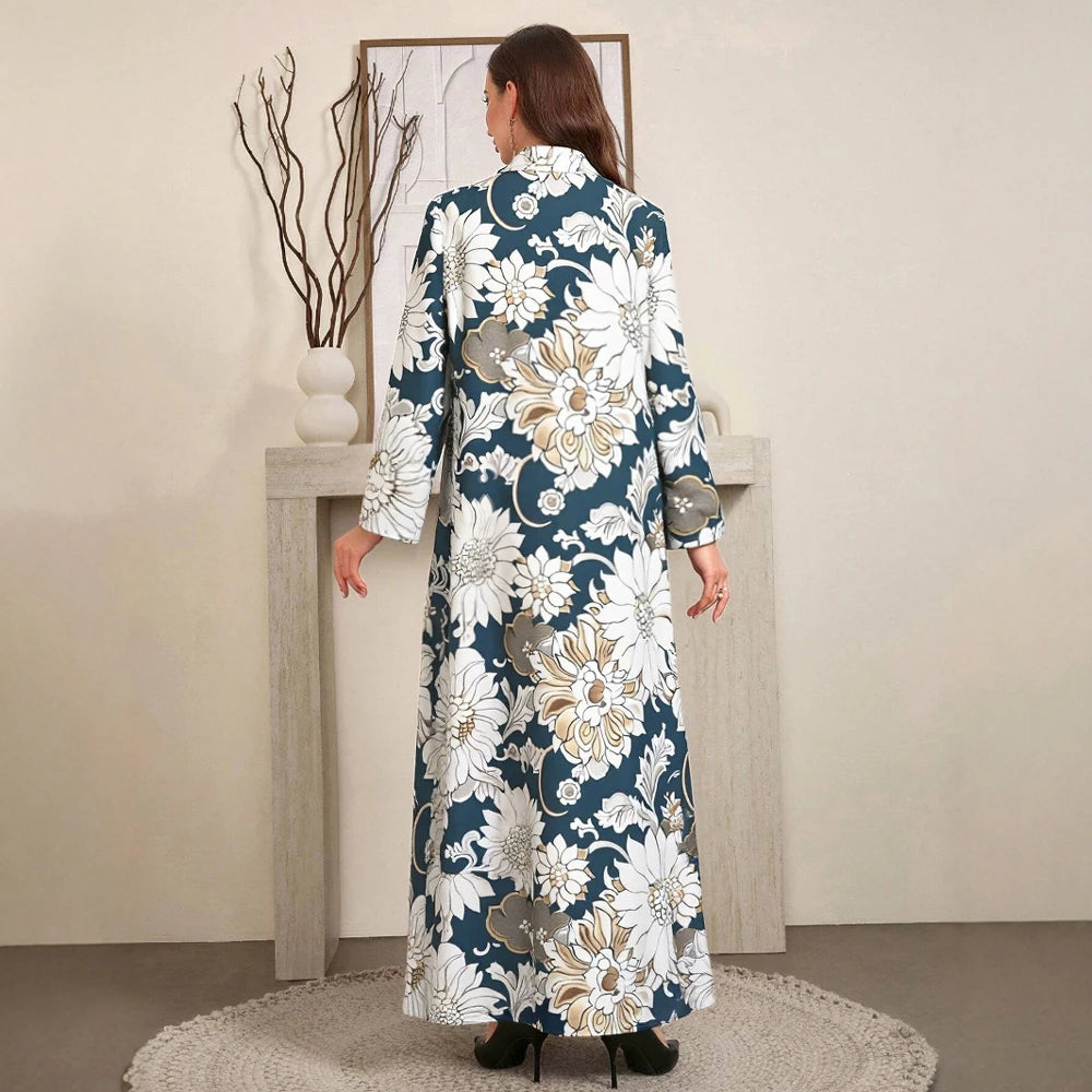 Rafiah Women's Dresses Summer Elegant 2025 Floral Glamorous Long Sleeve Shirt Collar A-Line Midi Vacation Long Dresses