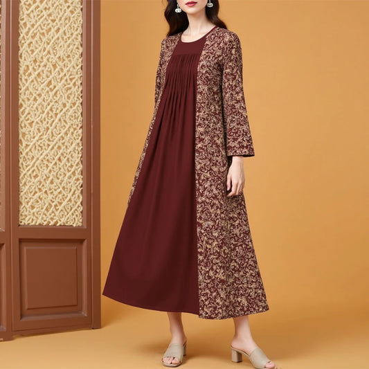 Rafiah Summer Arabian Dress 2025 Classic Patchwork Graphic Printing Long Sleeve Crew Neck Midi A-Line Long Dress For Women