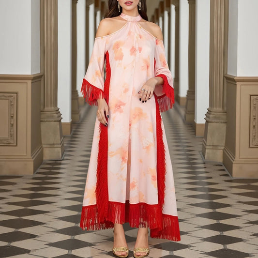 Rafiah Summer Dress 2025 Women's Elegant Full Print Tassel Long Sleeve Halter Neck Cut-Out A-Line Midi Dress