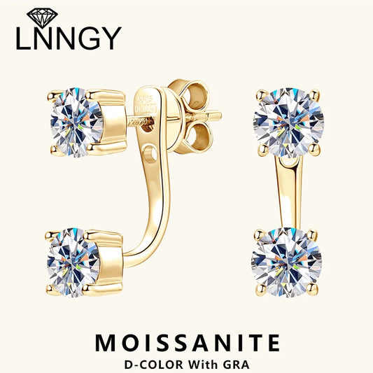 Lnngy Original 925 Sterling Silver Earrings Front Back Double Sided 5MM Moissanite Stud Earring For Women 2 in 1 Pierced Jewelry