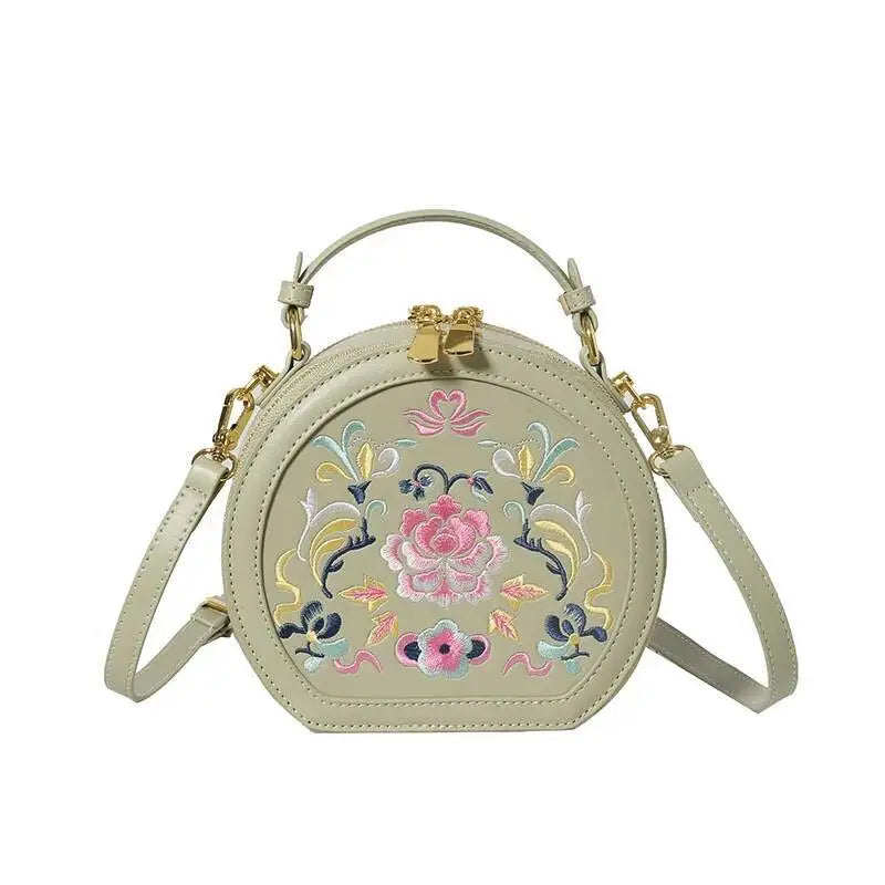 MOTAORA Small Round Women's Shoulder Bag Handmade Leather Embroidered Floral Purse for Teenage Girls Crossbody Bags
