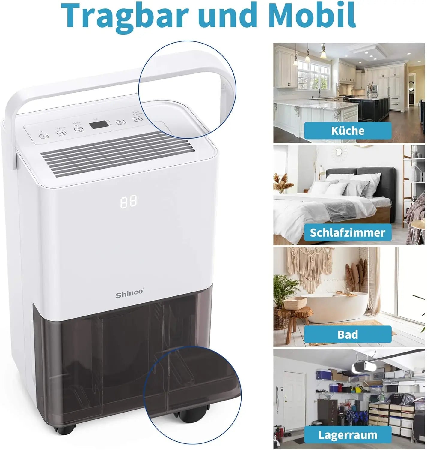 SHINCO Electric Dehumidifier, 10 L, Room Dehumidifier with Moisture Sensor, for 45 m³ (15 m²), Energy Saving, Drain Hose