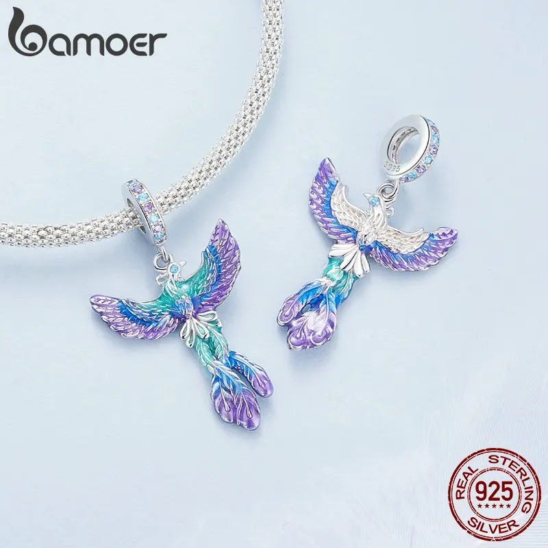 Bamoer  925 Sterling Silver Phoenix Pendant Dragon Charms Enamel Process Plated Platinuma Fit Women DIY Bracelet Fine Jewelry