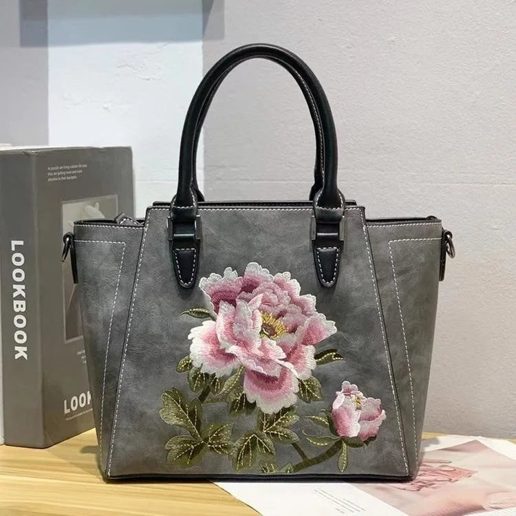 MOTAORA 2025 New Chinese Style Women's Leather Shoulder Bag | Embroidery Flower Handbag