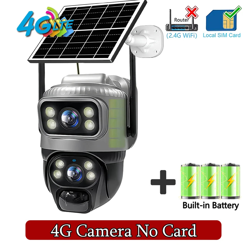 4G Solar Camera Outdoor Dual Lens PTZ Low Powered CCTV Video V380 Cameras PIR Motion Detect Security Protection Surveillance Cam