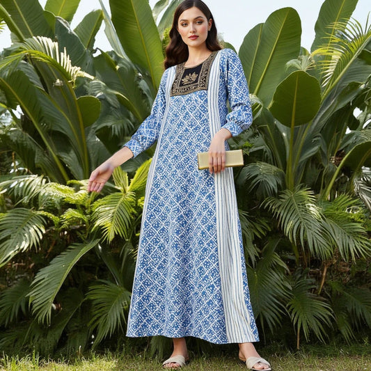 Rafiah Summer Arabian Dress 2025 Classic Patchwork Full Print Long Sleeve Crew Neck Midi A-Line Long Dress For Women