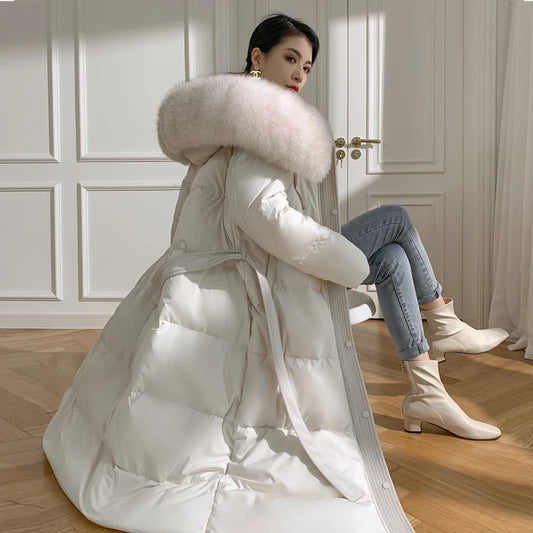 Women’s Luxury White Goose Down Coat – Hooded Long Jacket with Fox Fur Collar & Belt