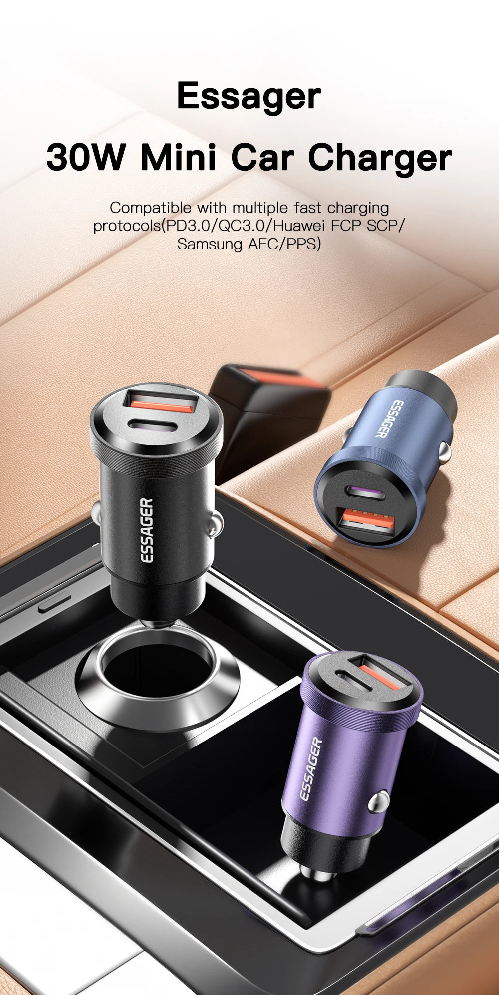 شاحن سيارة Essager USB 30 وات، شحن سريع 4.0، QC PD 3.0 SCP 5A، USB Type C، شحن سريع للسيارة، مناسب لأجهزة iPhone 14 13، Huawei، Samsung، Xiaomi