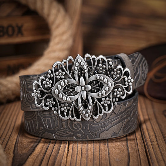 Western denim PU Belt - men's decorative printed carved denim waistband