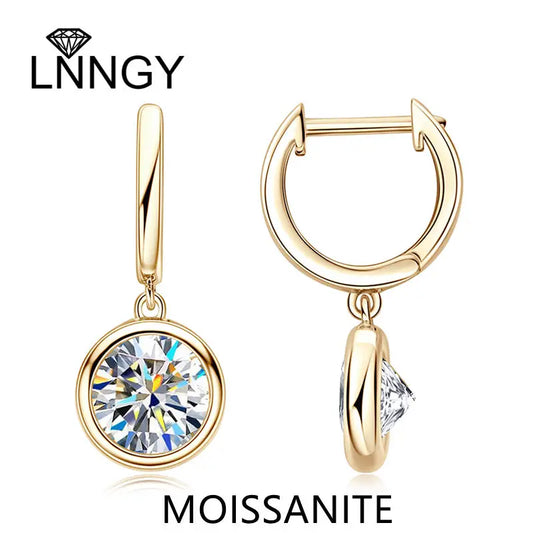 Lnngy 925 Sterling Silver Dangle Earring 1CT 2CT Round Bezel Setting Moissanite Drop Earrings For Women Girl Birthday Party Gift