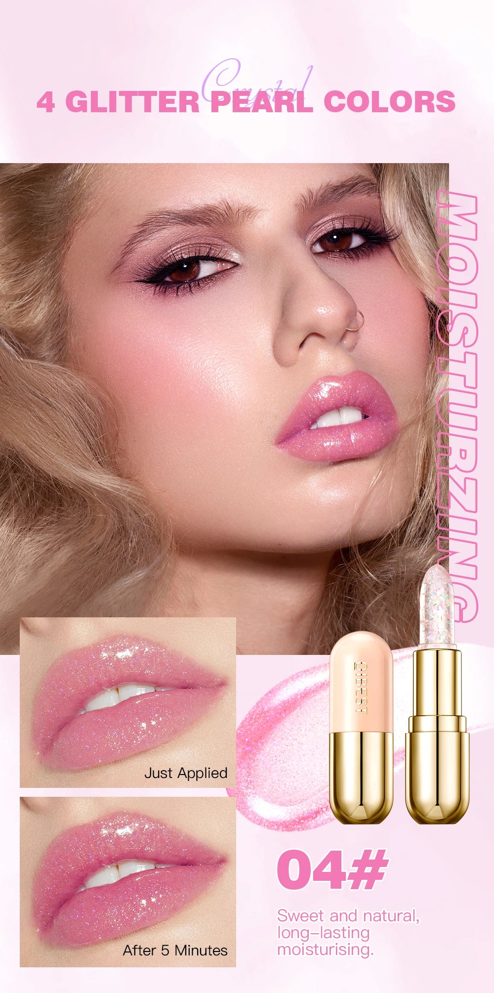 QIBEST Glitter Lipstick Lip Balm Color Change Transparent Moisturizing Crystal Jelly Pearlescent Lip Plumper Gloss Tint Cosmetic