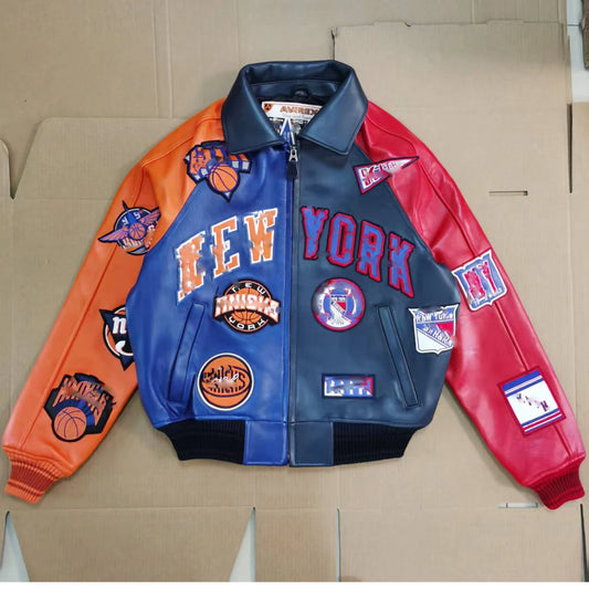 AVIREX 2025 Spring New Colorful Multi Logo Europe Imported Lamb Leather Jacket Men's Trend Sports Casual Genuine Leather coat