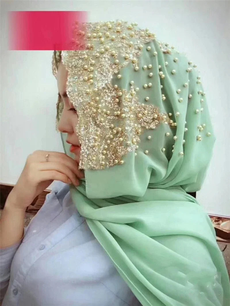 Dubai Women Bling Beaded Headscarf Long Scarf Cap Lace Scarves Muslim Wedding Wrap Shawls Hijab Islamic Turban