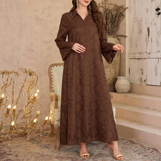 Rafiah Ramadan Women's Long Casual Dress with Long Sleeves Decorated with Rhinestones Solid Color Daily Wear