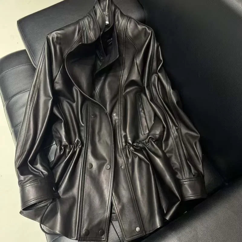 Real Sheepskin Coat Spring And Autumn Women Regular Length Pleating Design High Quality Outerwear Female Genuine Leather Jacket