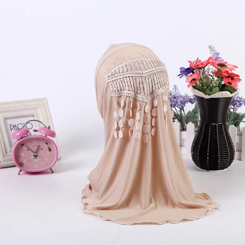 Amira-Muslim Girls Headwear with Diamond Tassel Islamic Prayer Headscarf Arab Soft Wrapped Scarf Plain Shawls Middle East