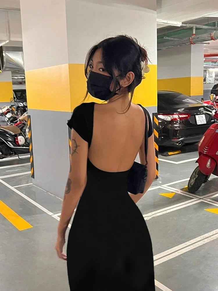 Women Solid Sexy Backless Maxi Dress Women Elegant Elastic Slim Short Sleeve Long Dresses Female Bodycon Streetwear Clothing