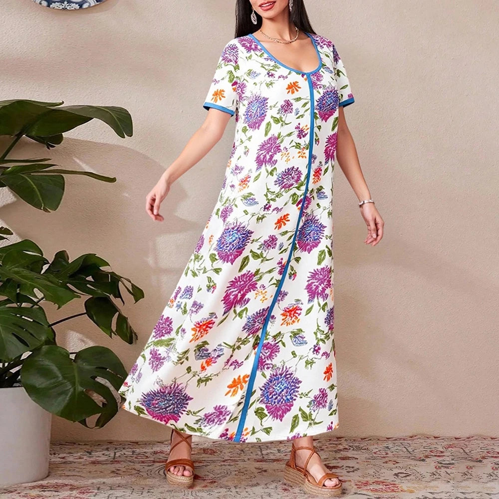 Rafiah Women's Dresses Summer Comfortable Elegant 2025 Full Print Short Sleeve V-Neck A-Line Midi Vacation Long Dress