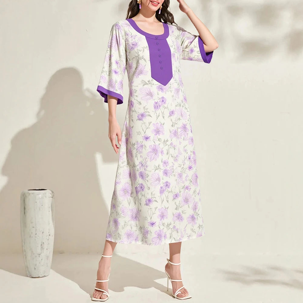 Rafiah Women's Summer Long Arabian Dress Traditional Contrast Color Floral Short Sleeve Round-Neck Single Breasted Midi Dress