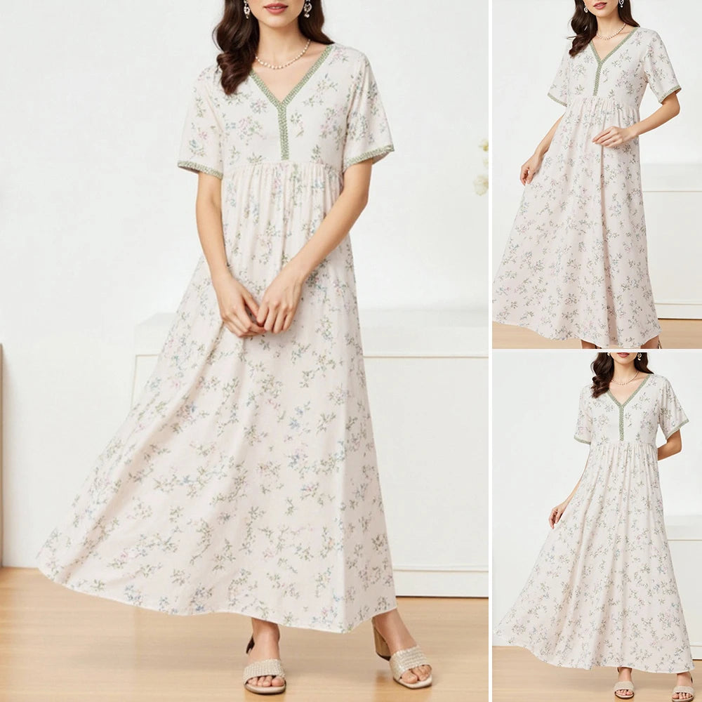 Rafiah Autumn Arabian Long Dress 2025 Casual Daily Ditsy Floral Short Sleeve V-Neck A-Line Dress For Women
