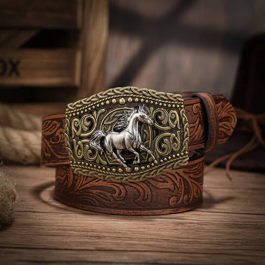 Western Cowboy PU Leather Belt - Men Waist Strap Bull Decoration Floral Engraved for Jeans