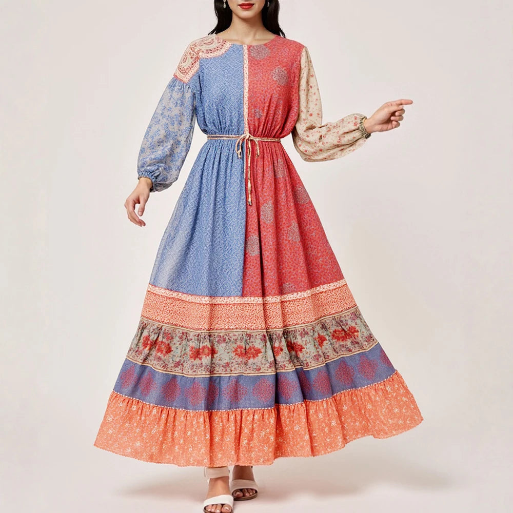 Rafiah Women's Dresses Summer Elegant 2025 Contrast Color Cultural Print Long Sleeve Round Neck A-Line Midi Vacation Long Dress