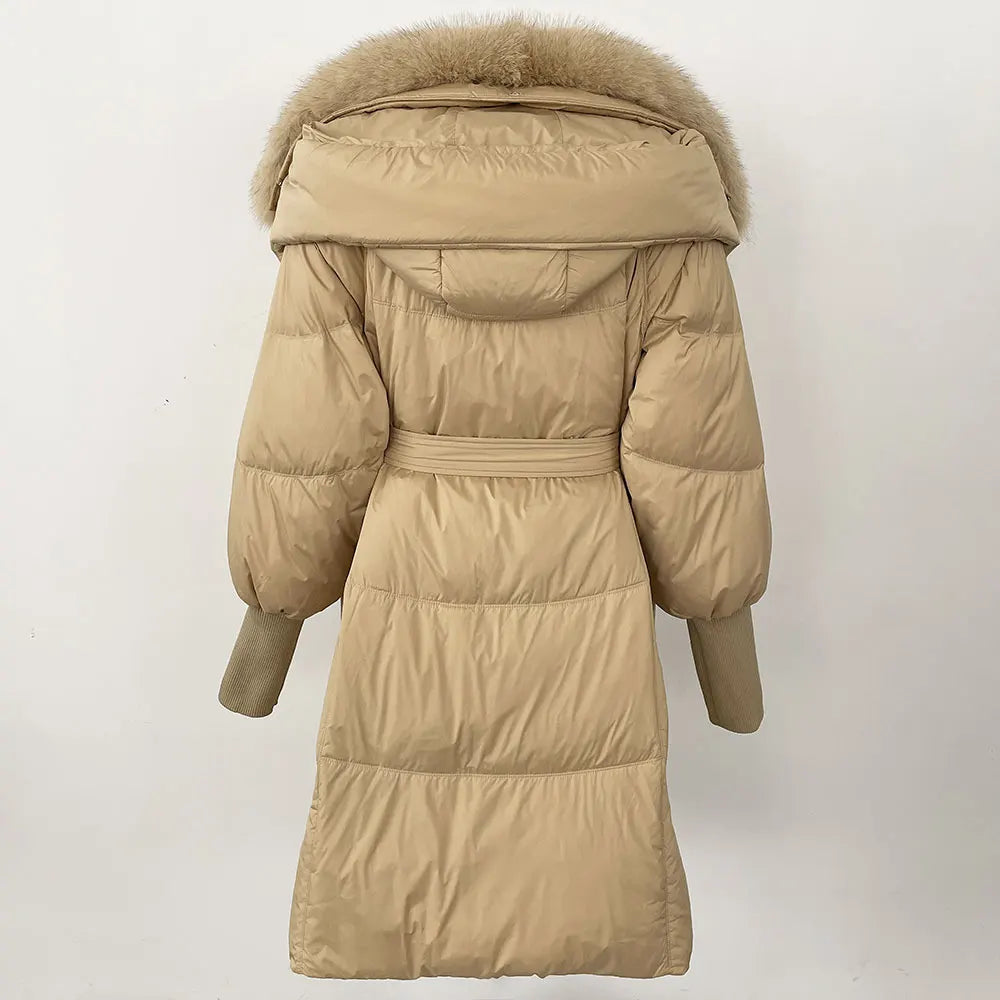 2025 Autumn Winter Women Coat Real Natural Fox Fur Long Down Jacket Thick Warm Casual Hooded White Duck Down Elegant Overwears