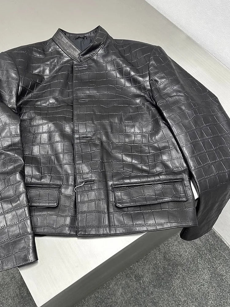 Male Genuine Leather Jackets New Chinese Zhong Shan Suit Slim Fit Handsome Casual Autumn Crocodile Print Natural Sheepskin Coat