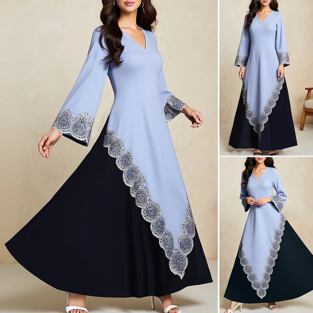 Rafiah Summer Dresses 2025 Women's Elegant Patchwork Long Flare Sleeve V-Neck Midi A-Line Basics Arabian Dress