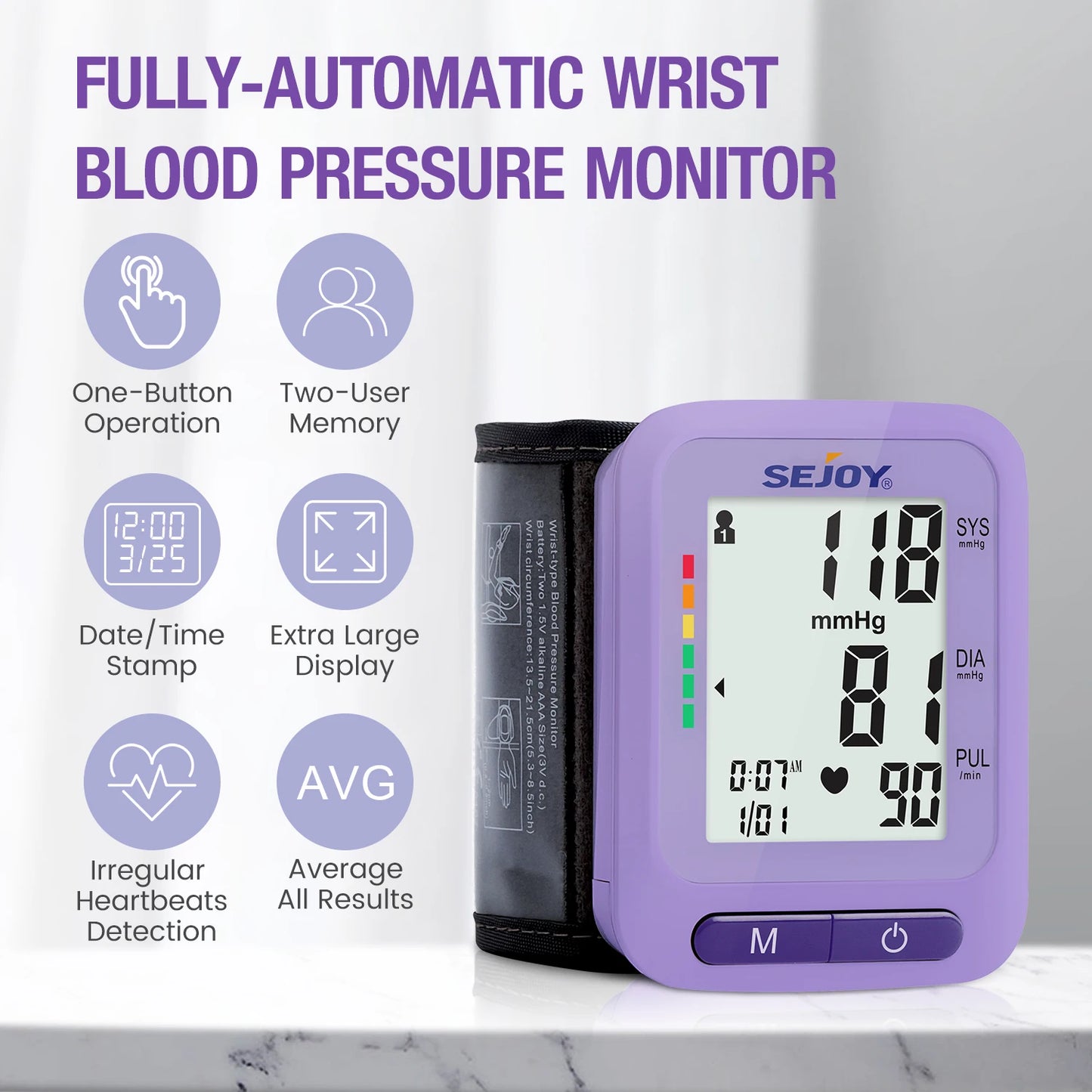 🩺 Sejoy Fully Automatic Wrist Blood Pressure Monitor,LED Display | 2 x 60 Memory | Home Use Sphygmomanometer