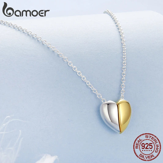BAMOER Gold Plated Heart Pendant Necklace for Women, 925 Sterling Silver Couple Heart Fashion Waterproof Metal Daily Jewelry
