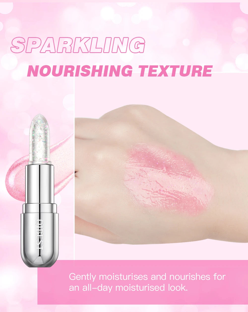 QIBEST Glitter Lipstick Lip Balm Color Change Transparent Moisturizing Crystal Jelly Pearlescent Lip Plumper Gloss Tint Cosmetic