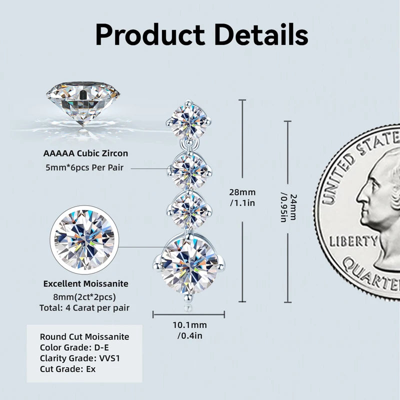 Lnngy Certified D2.00CT Moissanite Drop Earring With GRA 925 Sterling Silver Pendant Earrings for Couples Wedding Jewelry Gift