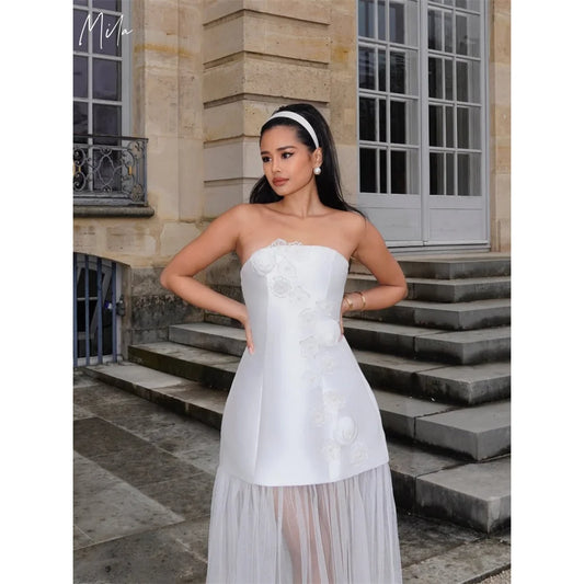 Mila Strapless A-Line Wedding Party Dress 2025 Sleeveless 3D Flowers Customized Evening Dresses Zip Stain  vestidos de fiesta
