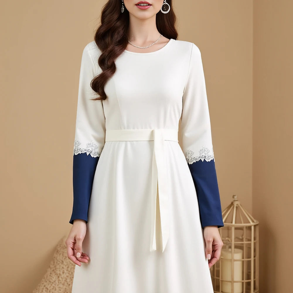 Rafiah Summer Long Dresses 2025 Casual Elegant Patchwork Lace Long Sleeve Crew Neck Midi A-Line Evening Dresses For Women