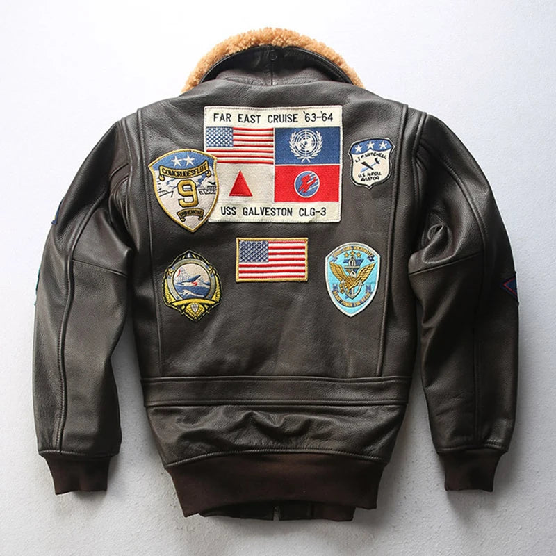 Top Gun Genuine Cowhide Leather Jacket with Wool Collar – Embroidered Unisex Motorcycle Coat