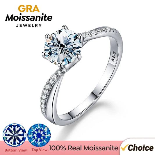 GRA Luxury 1ct D Color Twisted Arm Classic 6 Prong Shiny Moissanite Diamond Rings for Women 925 Sterling Silver Fine Jewelry