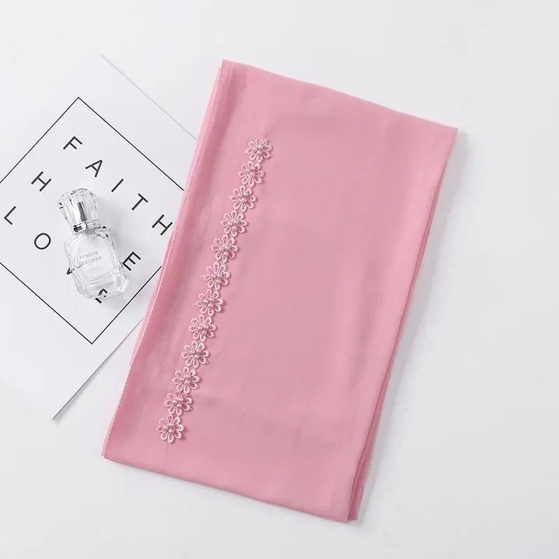 Muslim Hijab Plain Bubble Chiffon Long Scarf for Women Beading Lace Headscarf Arab Shawls African Hair Cover Wraps New Fashion