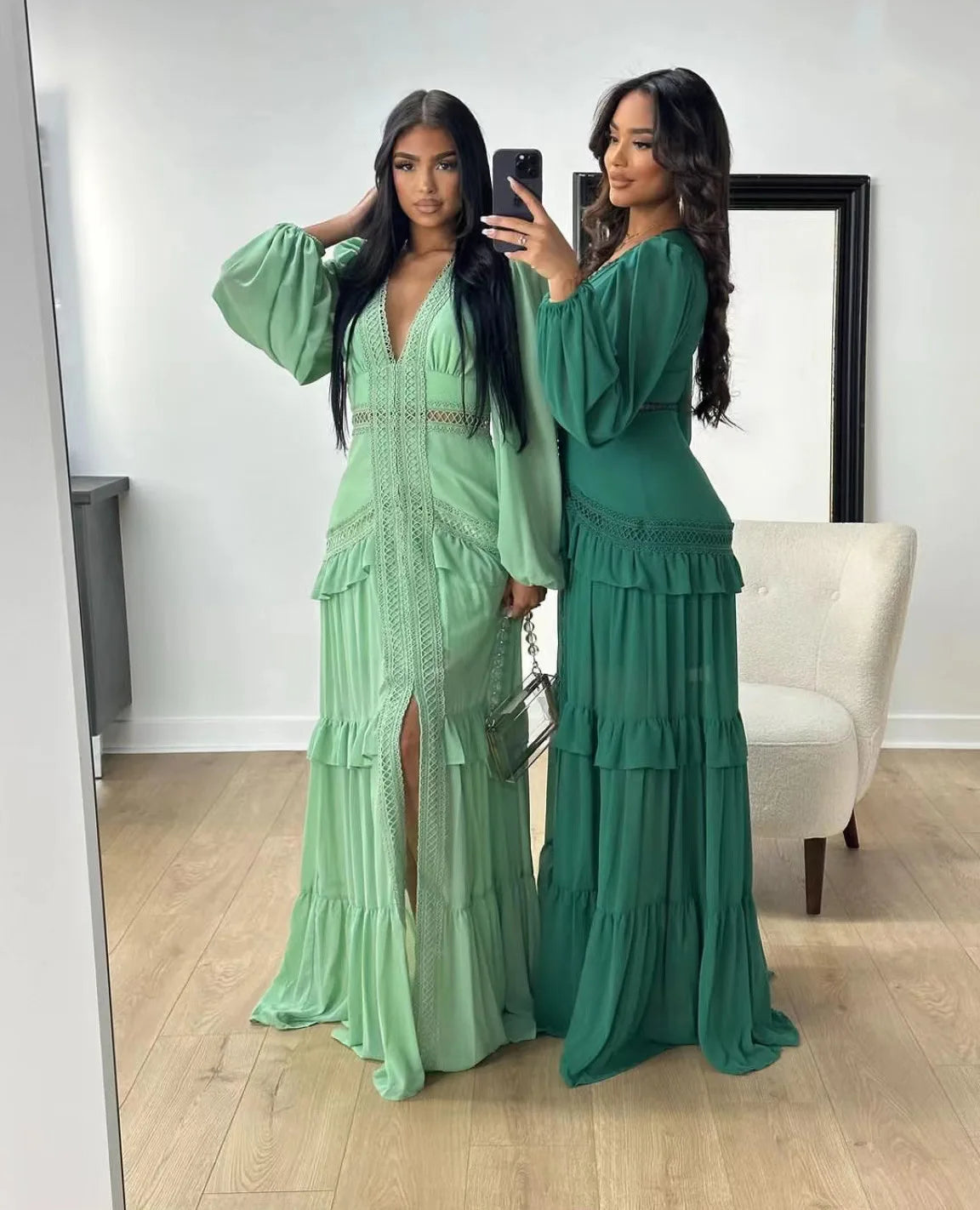 Maxi Dress Ruffles Long Sleeve Hollow Out Evening Dresses Party Chic Robe Green Blue Purple New In Holiday Summer