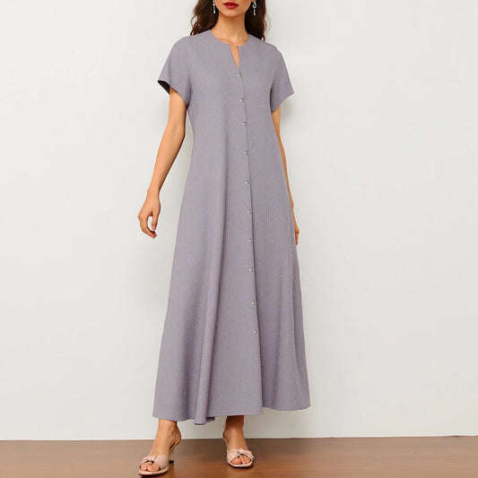 Rafiah Women's Summer 2025 Dress Solid Color Round Neck Button-Front Short Sleeves Flowing Silhouette office Lday Dress