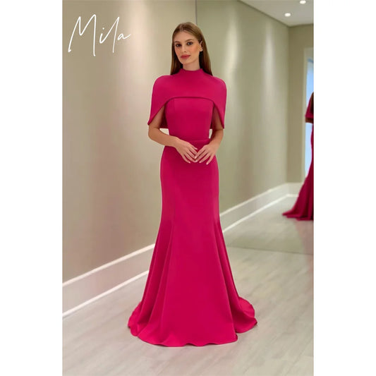 فساتين ميلا فوشيا للحفلات بطول الأرض، مصممة حسب الطلب، فساتين حفلات أنيقة بتصميم حورية البحر، فساتين سهرة بشال قابل للفصل