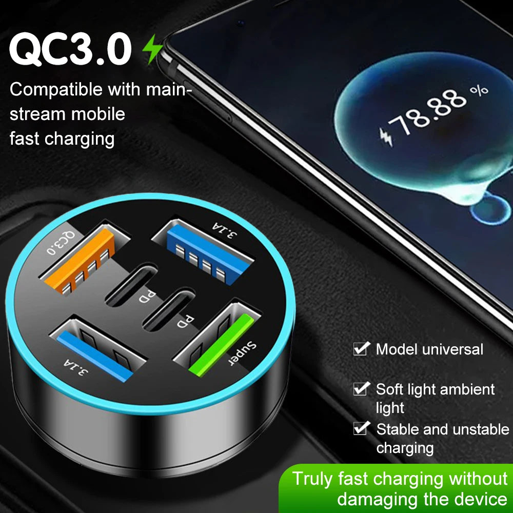 250W 5 Ports Car Charger Fast Charging PD QC3.0 USB C Car Phone Charger Adapter With Voltage For iPhone Samsung Huawei Xiaomi