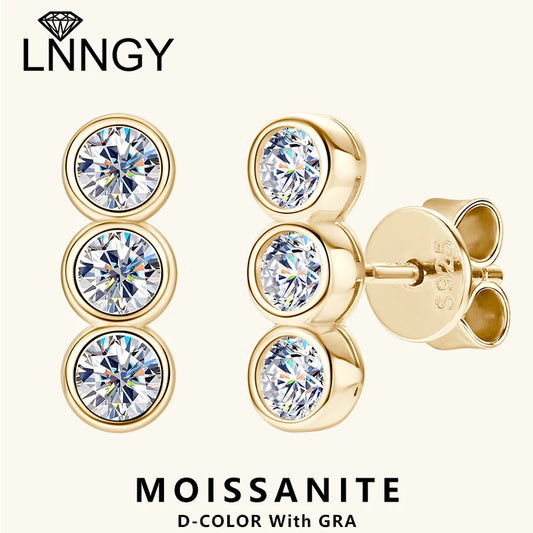 Lnngy Bezel Setting 3mm Moissanite Earrings 925 Sterling Silver Three Stone Stud Earring For Women Girls Fashion Daily Jewelry