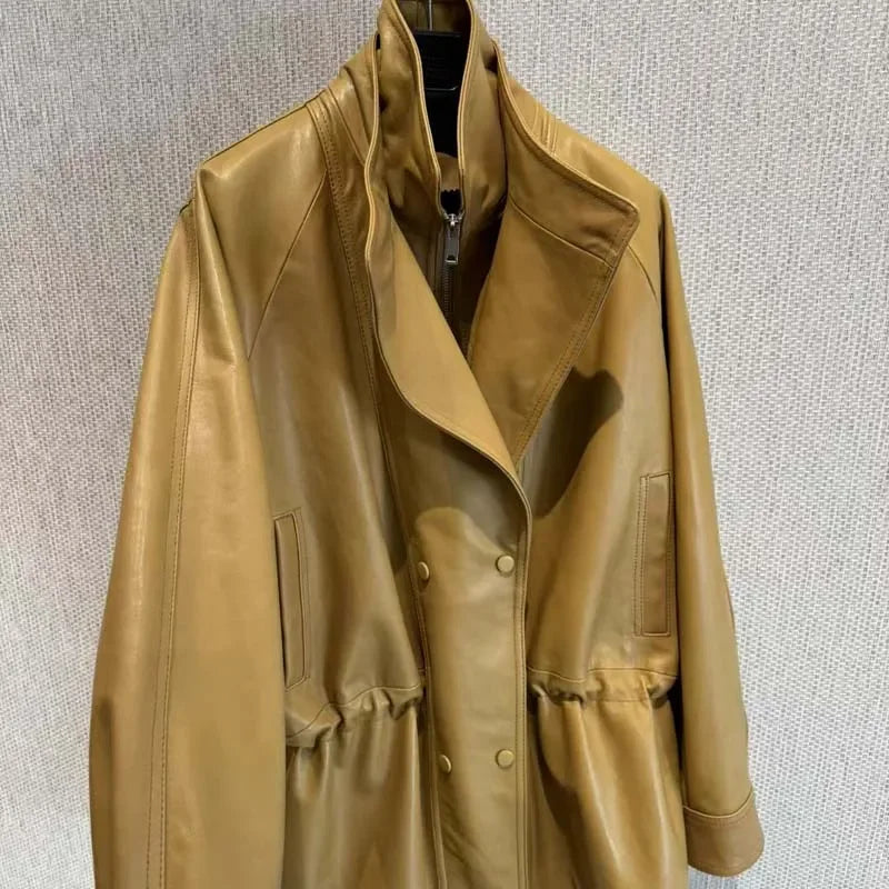 Real Sheepskin Coat Spring And Autumn Women Regular Length Pleating Design High Quality Outerwear Female Genuine Leather Jacket