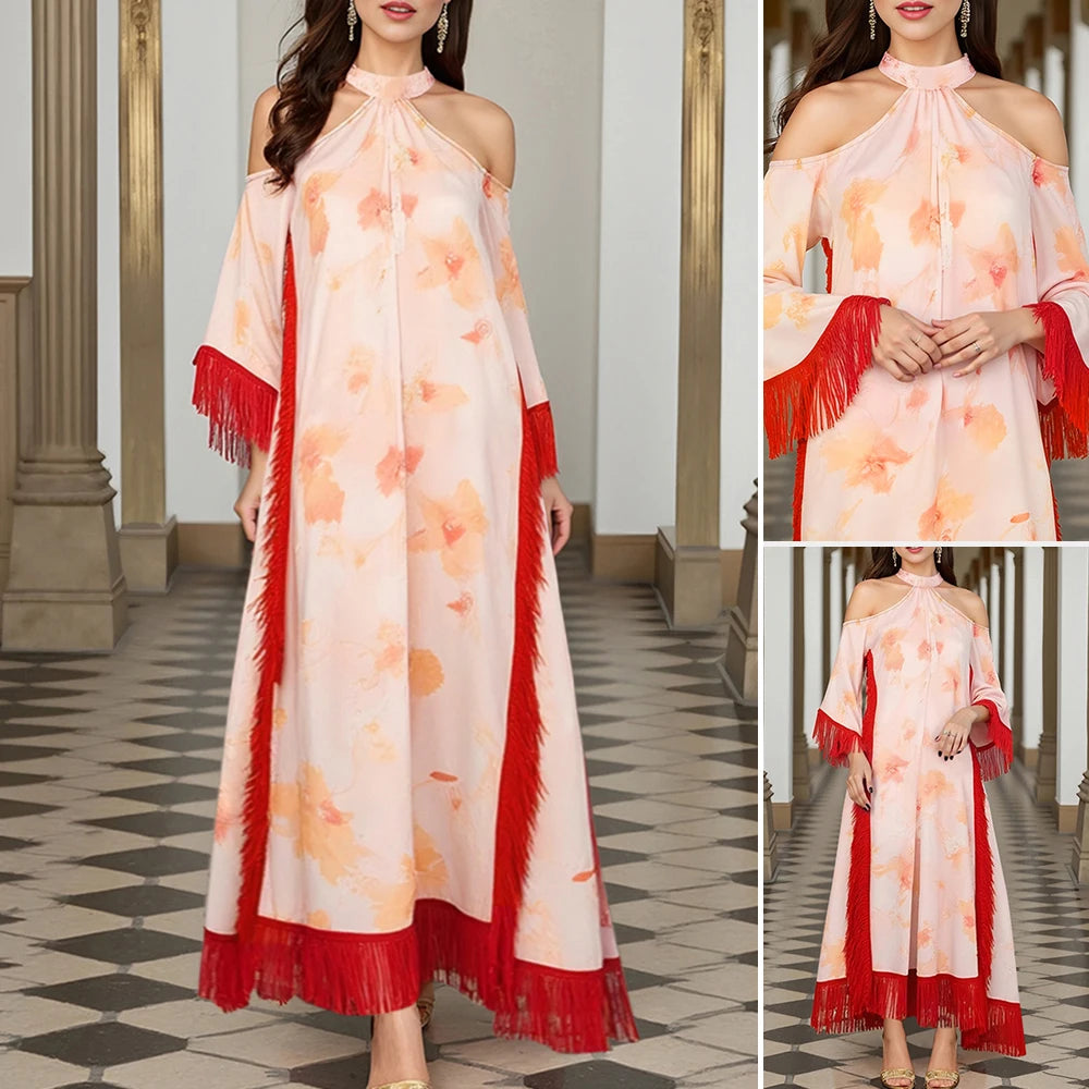Rafiah Summer Dress 2025 Women's Elegant Full Print Tassel Long Sleeve Halter Neck Cut-Out A-Line Midi Dress