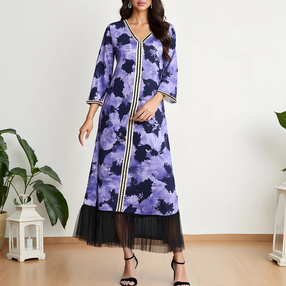 Rafiah Autumn Arabian Dress 2025 Women's Traditional Elegant Patchwork Full Print Long Sleeve V-Neck Gauze Long Dress