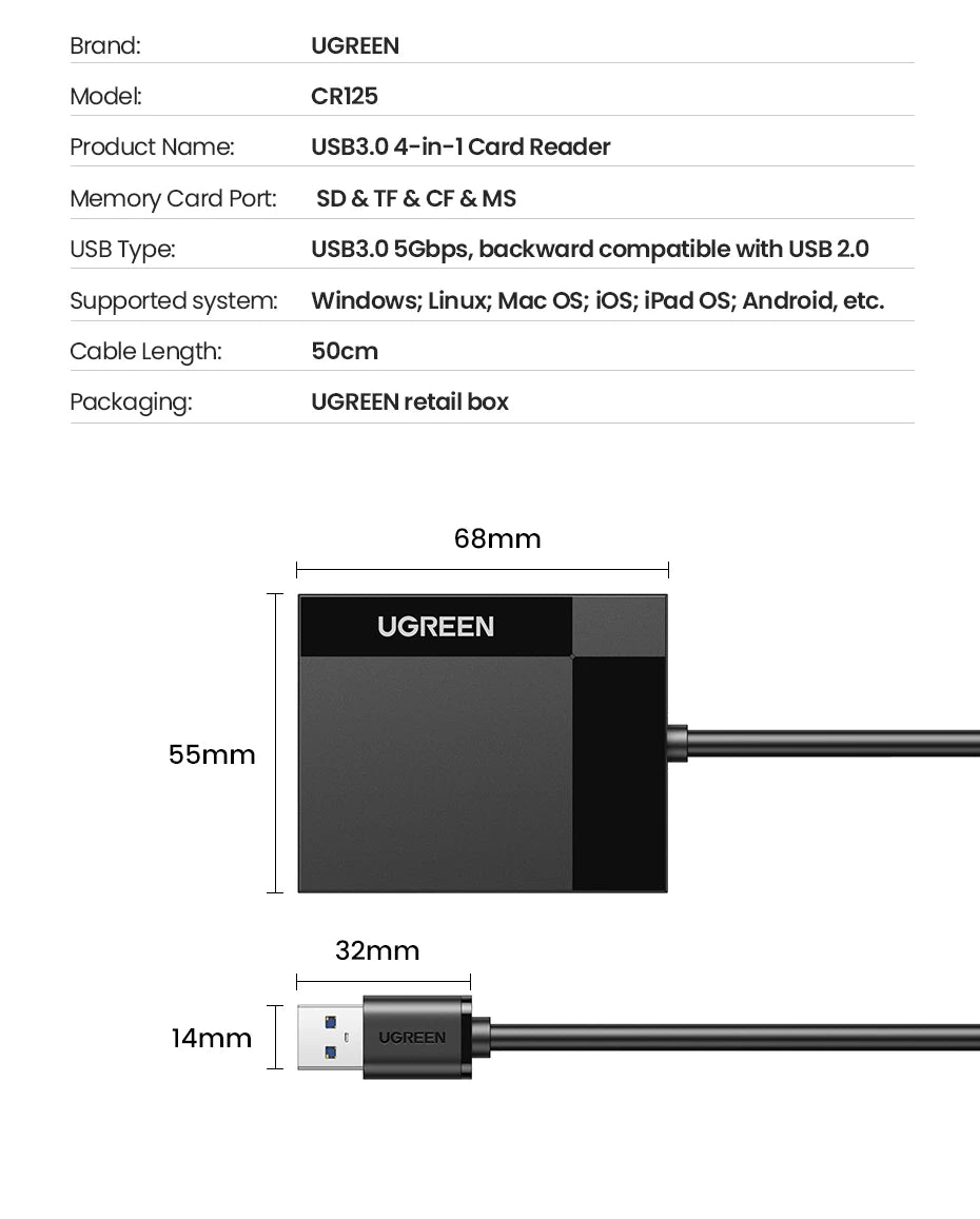 UGREEN Card Reader 4-in-1 USB3.0/USB-C SD Micro SD TF CF MS Compact Flash Card Adapter for Laptop PC Multi OTG Smart Card Reader