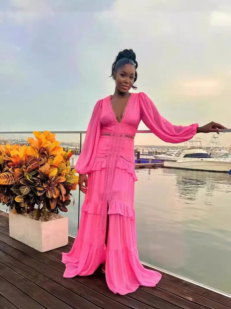 Maxi Dress Ruffles Long Sleeve Hollow Out Evening Dresses Party Chic Robe Green Blue Purple New In Holiday Summer