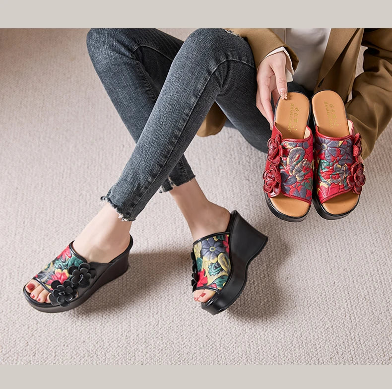 Genuine Leather Women Flower High Heels Wedges Summer Platform Slippers