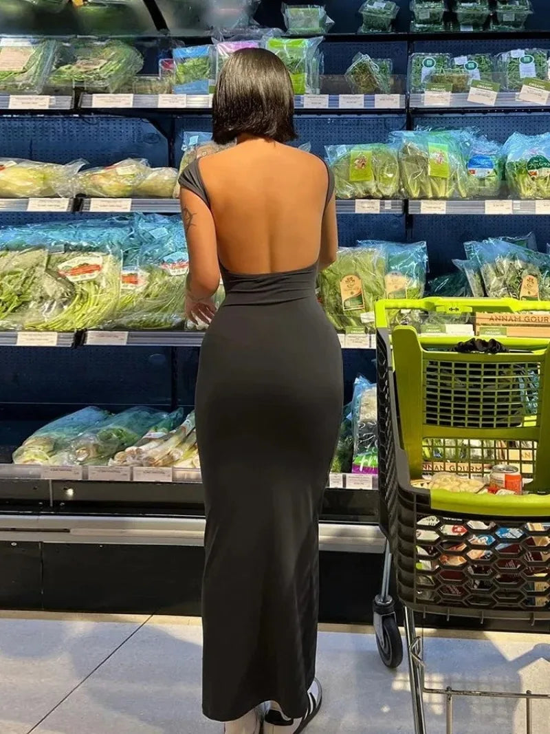 Women Solid Sexy Backless Maxi Dress Women Elegant Elastic Slim Short Sleeve Long Dresses Female Bodycon Streetwear Clothing
